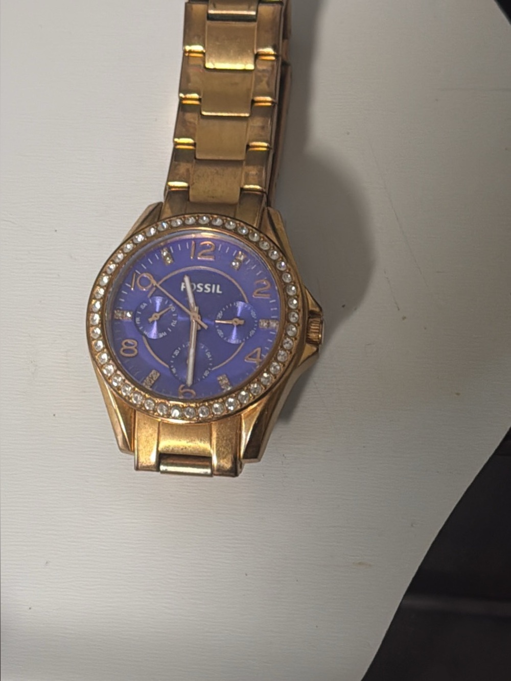 Rare Fossil Rose Gold Riley Women's Watch with Purple Dial and Crystal Bezel